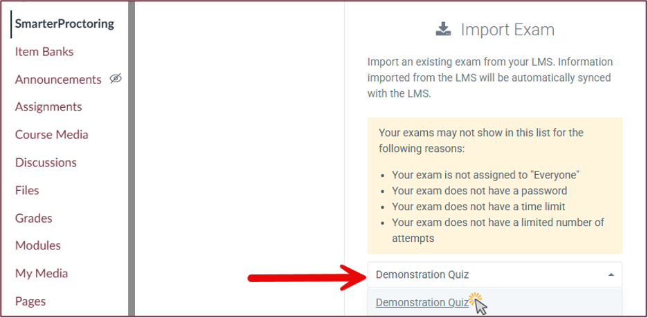 Selecting a quiz to import into SmarterProctoring