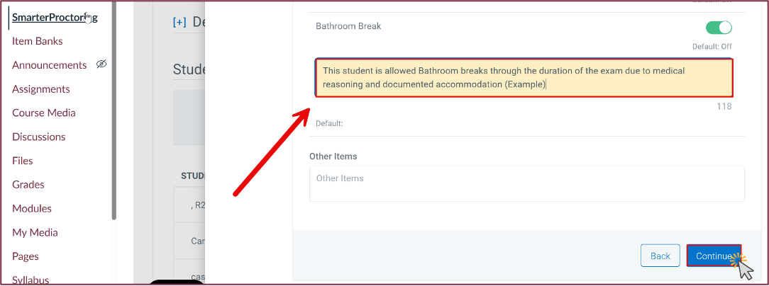 Editing permitted items for a specific student, including bathroom breaks