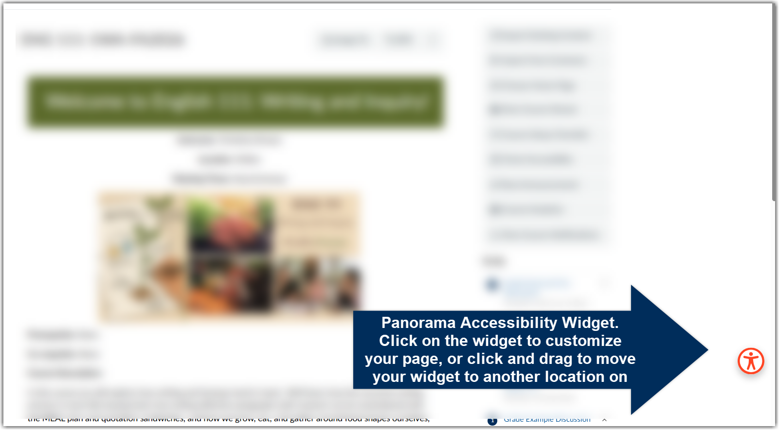 An opened Canvas course page with a focus on the accessibility widget in the bottom right-hand corner of the page. Text included on the image repeats the information written in the introduction section of the tutorial.