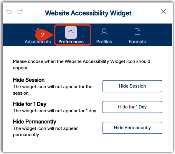 Widget open with preferences setting selected.