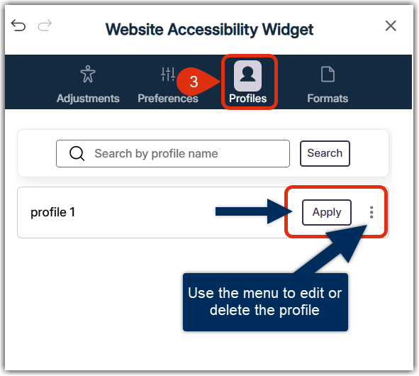 Widget open with profiles setting selected.