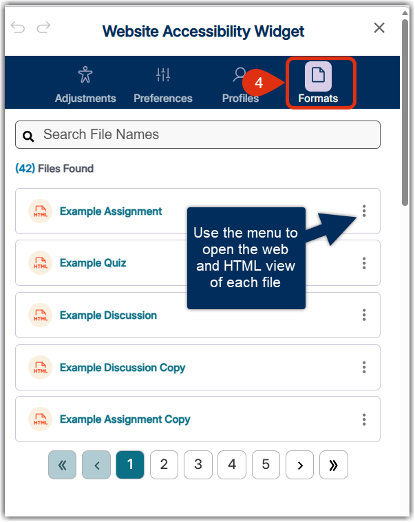 Widget open with formats setting selected and a callout for the three-dot menu for alternative formats.