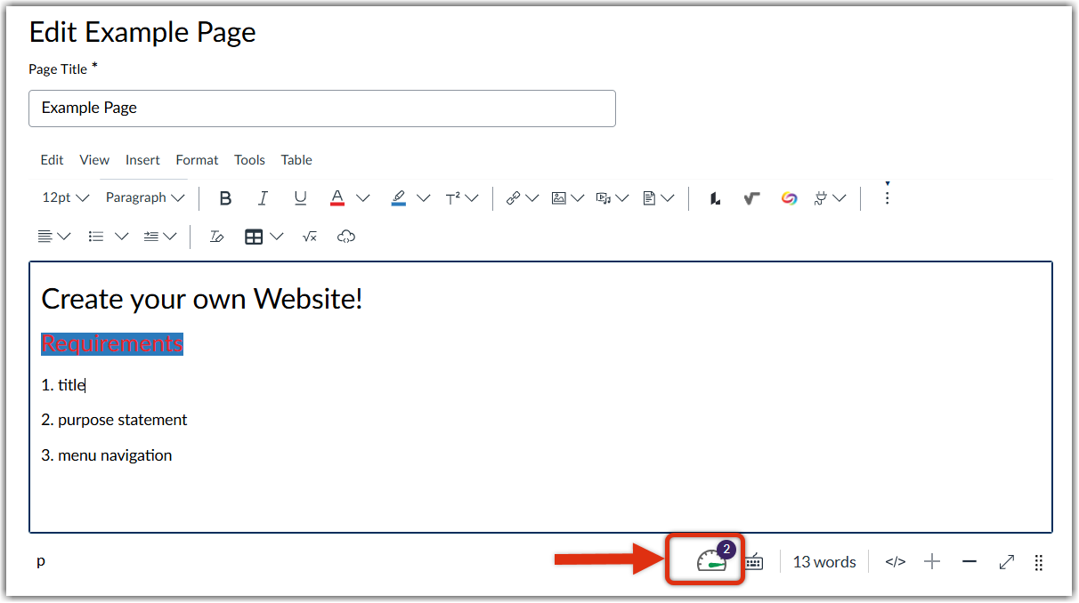 Panorama's real-time accessibility report widget located at the bottom of Canvas' rich content editor box.
