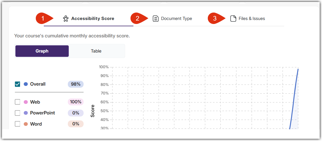 course report details with accessibility score, document type, and files and issues.