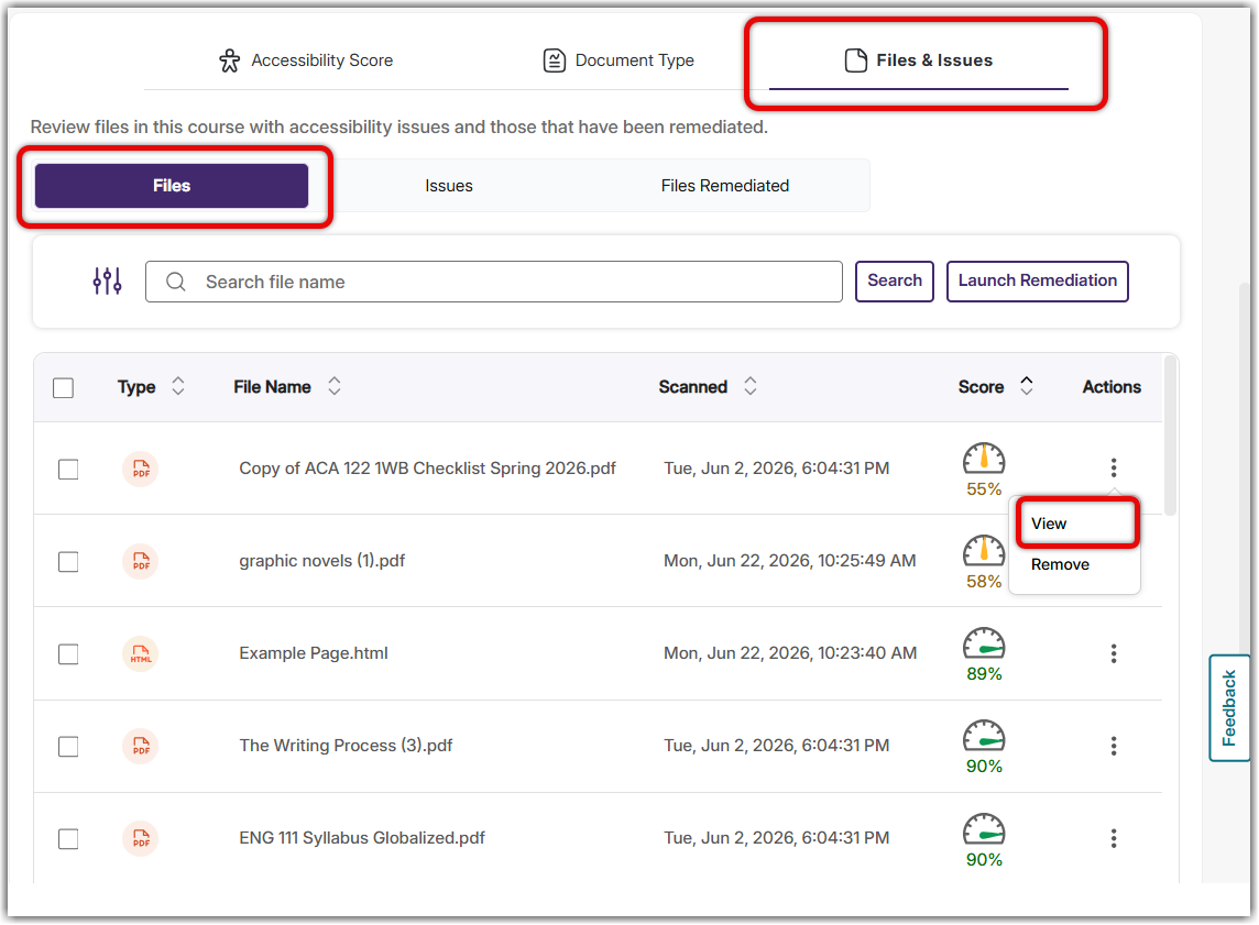 The lower portion of the course report page is shown for the list of Issues and Content. One of the vertical ellipsis for a document is toggled open to see two different options: view and remove. View is highlighted.