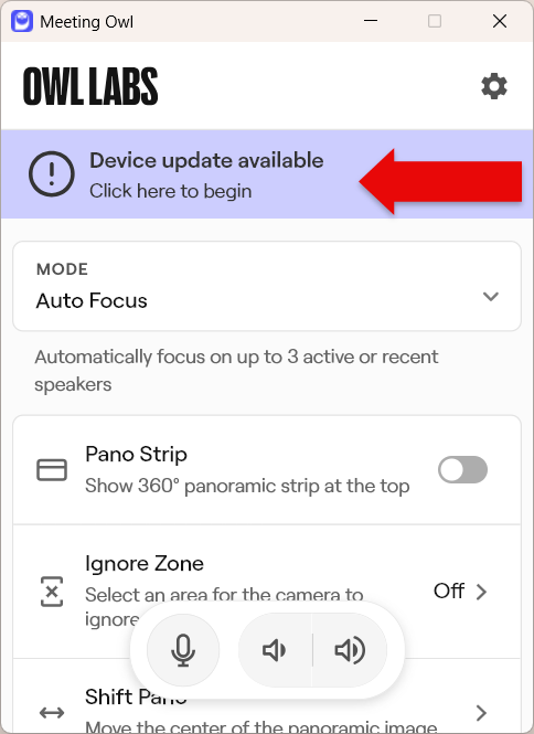 Meeting Owl window with red arrow pointing to device update available notification at the top.