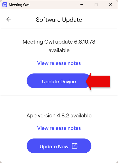 Meeting Owl window showing Software Updates with red arrow pointing to Update Device button