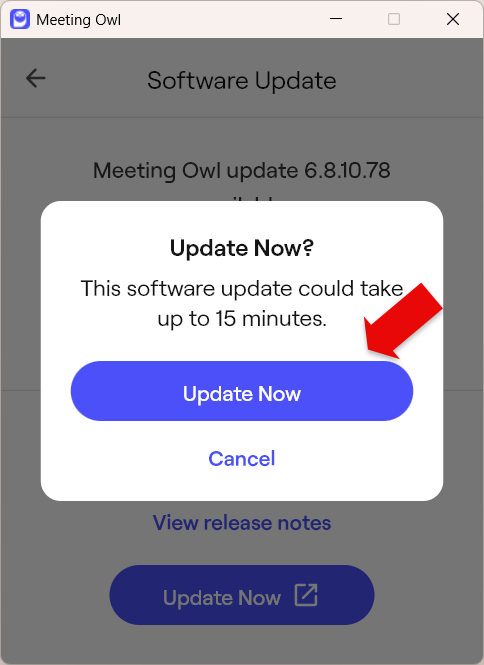 Update Now notification from Meeting Owl window with red arrow pointing to Update Now button