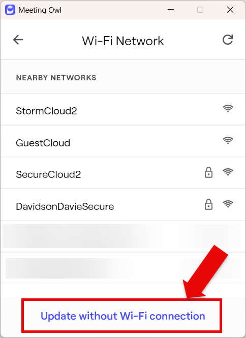 Meeting Owl window with red arrow pointing to red box around Update without Wi-Fi connection at the bottom of the window