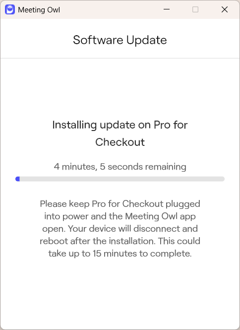 Meeting Owl window with Software Update on the camera status