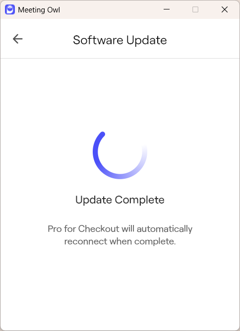 Meeting Owl window with Software Update complete status
