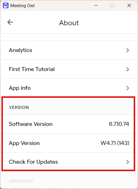 Meeting Owl window about menu with red box around Version, Software Version, App Version, and Check For Updates