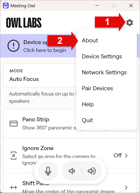 Meeting Owl window with red arrow 1 pointing to gear icon in the top right corner with red arrow 2 pointing to about in the drop down menu