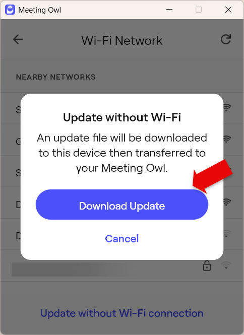 Meeting Owl window with Update without Wi-Fi notification with red arrow pointing to download update button