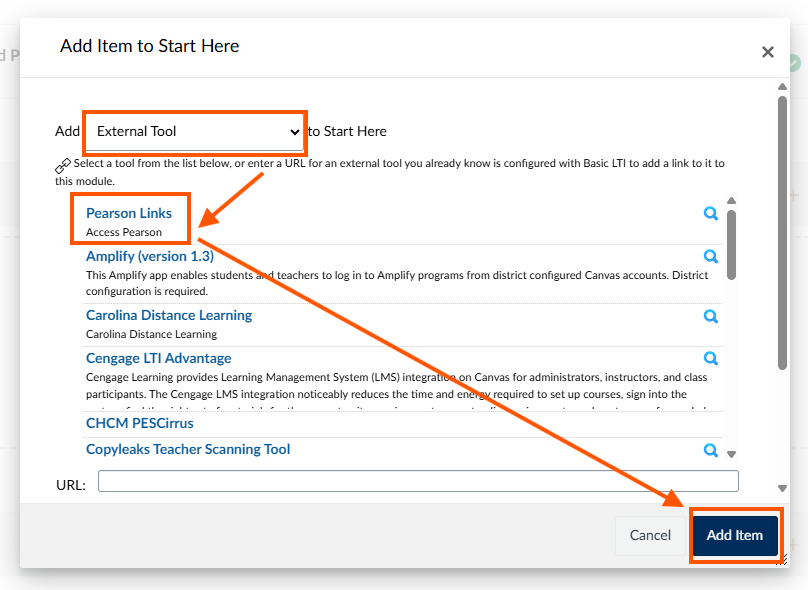 After clicking the + button at the top of a module, select External Tool from the dropdown menu