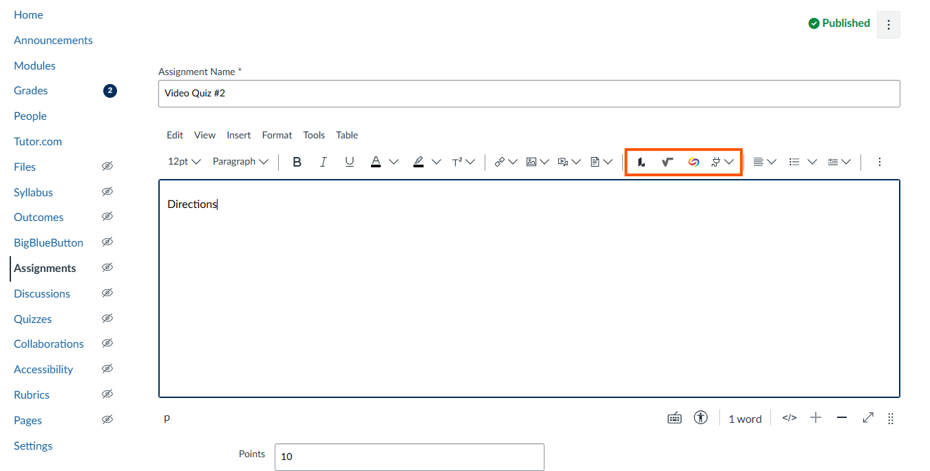 Text Editor in Canvas, showing the Apps or External Tool options highlighted