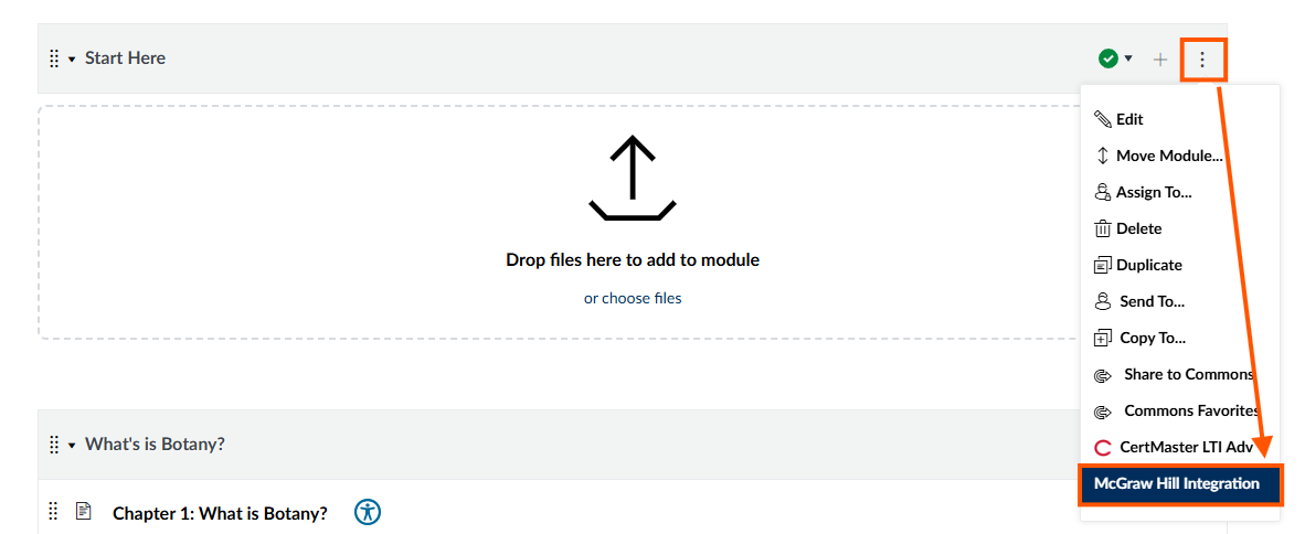 Click the three dots at the top of any module to access tools available in the Module modal menu, a screenshot shows the CertMaster and McGraw-Hill tools available in this menu on Canvas