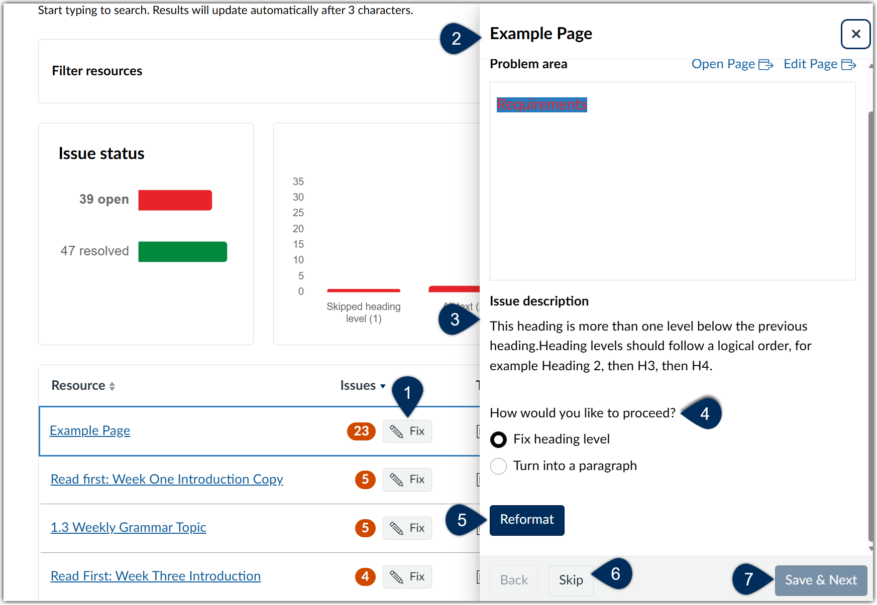 Canvas' accessibility tool open with the markers described below the image