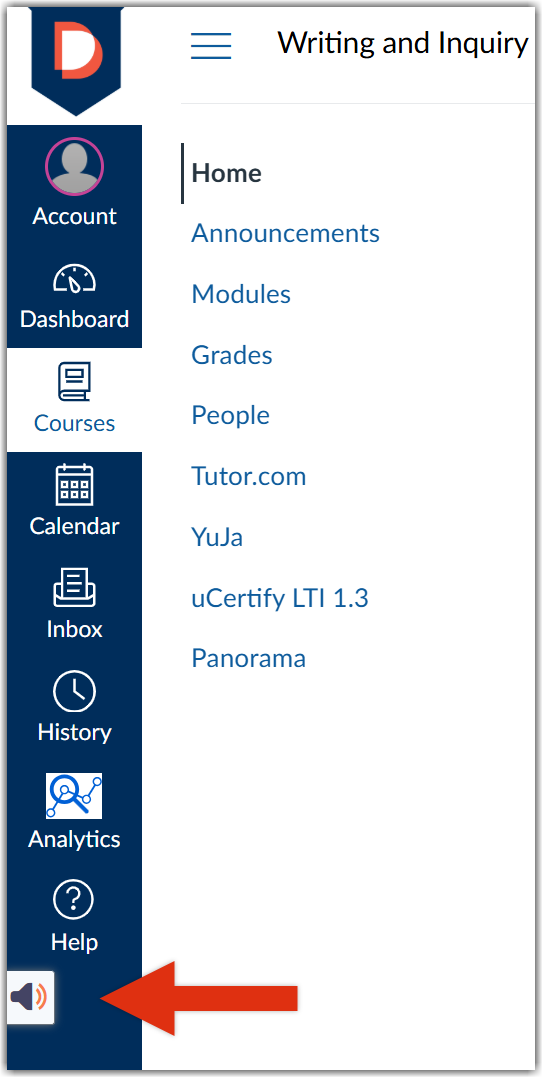 webReader located in Canvas navigation menu, below the help button