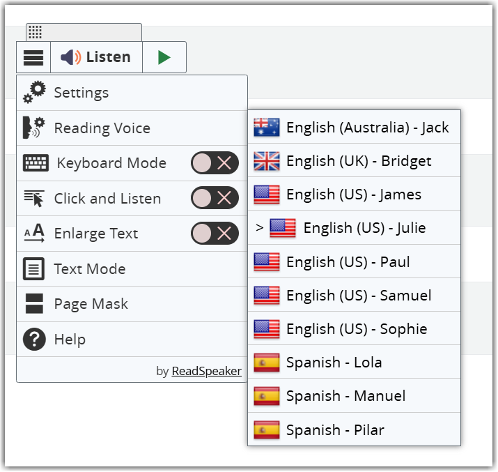 webReader Reading Voice menu open
