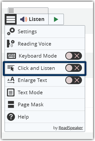 click and listen of the webReader menu hightlighted