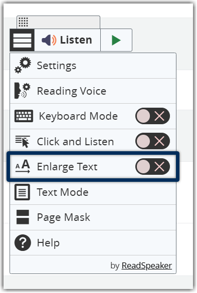 webReader menu open with enlarge text highlighted