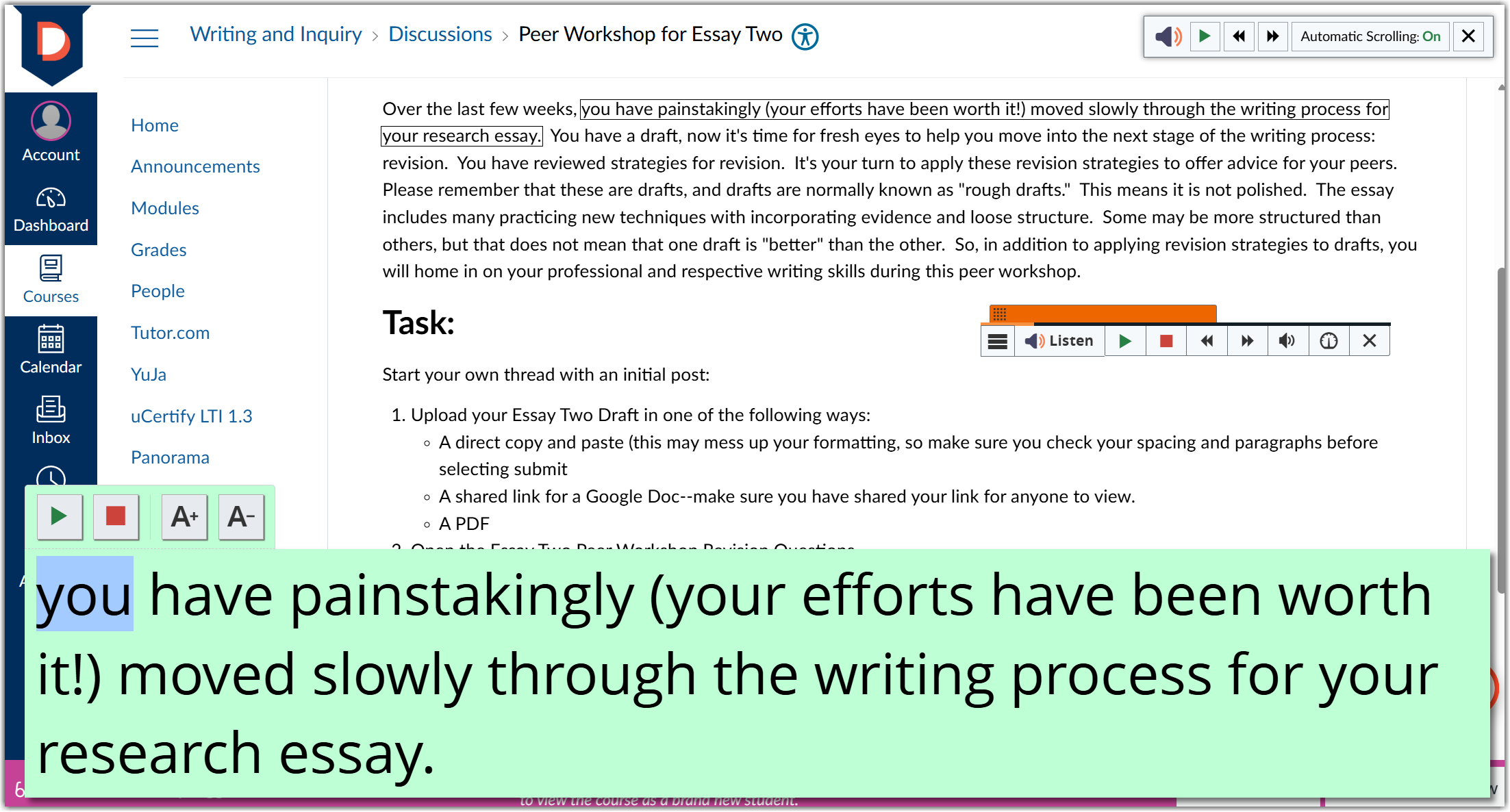 enlarge text in use in a Canvas Discussion