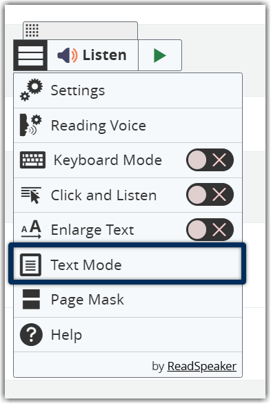 webReader menu open with text mode highlighted