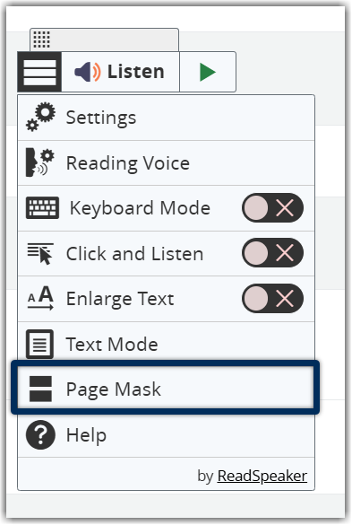 webReader menu open with page mask highlighted