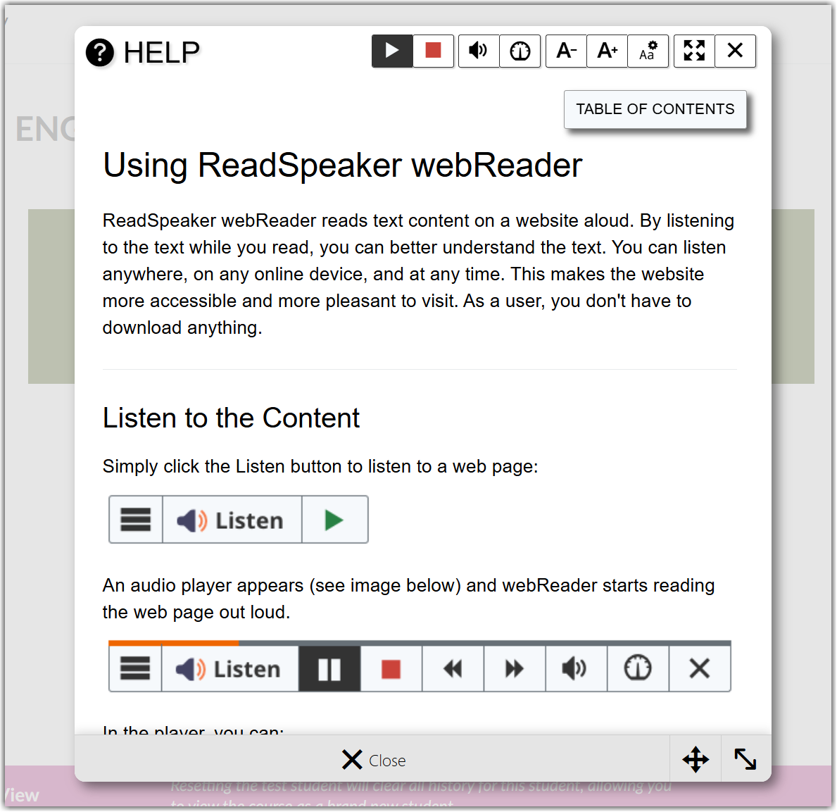 webReader Help pop up window open