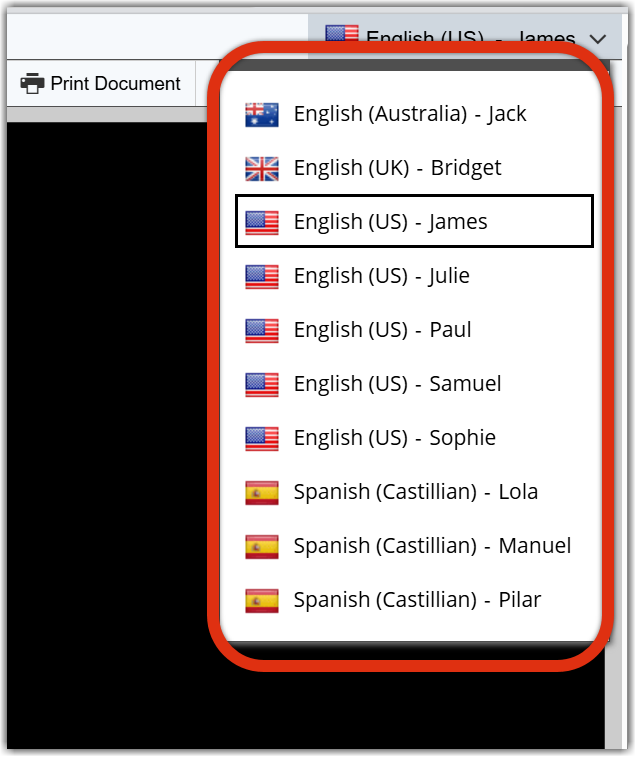 ReadSpeaker Reader Voice menu open