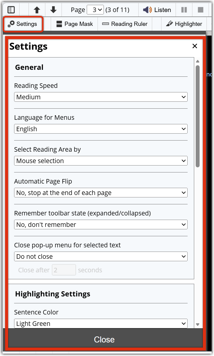 ReadSpeaker Settings menu open