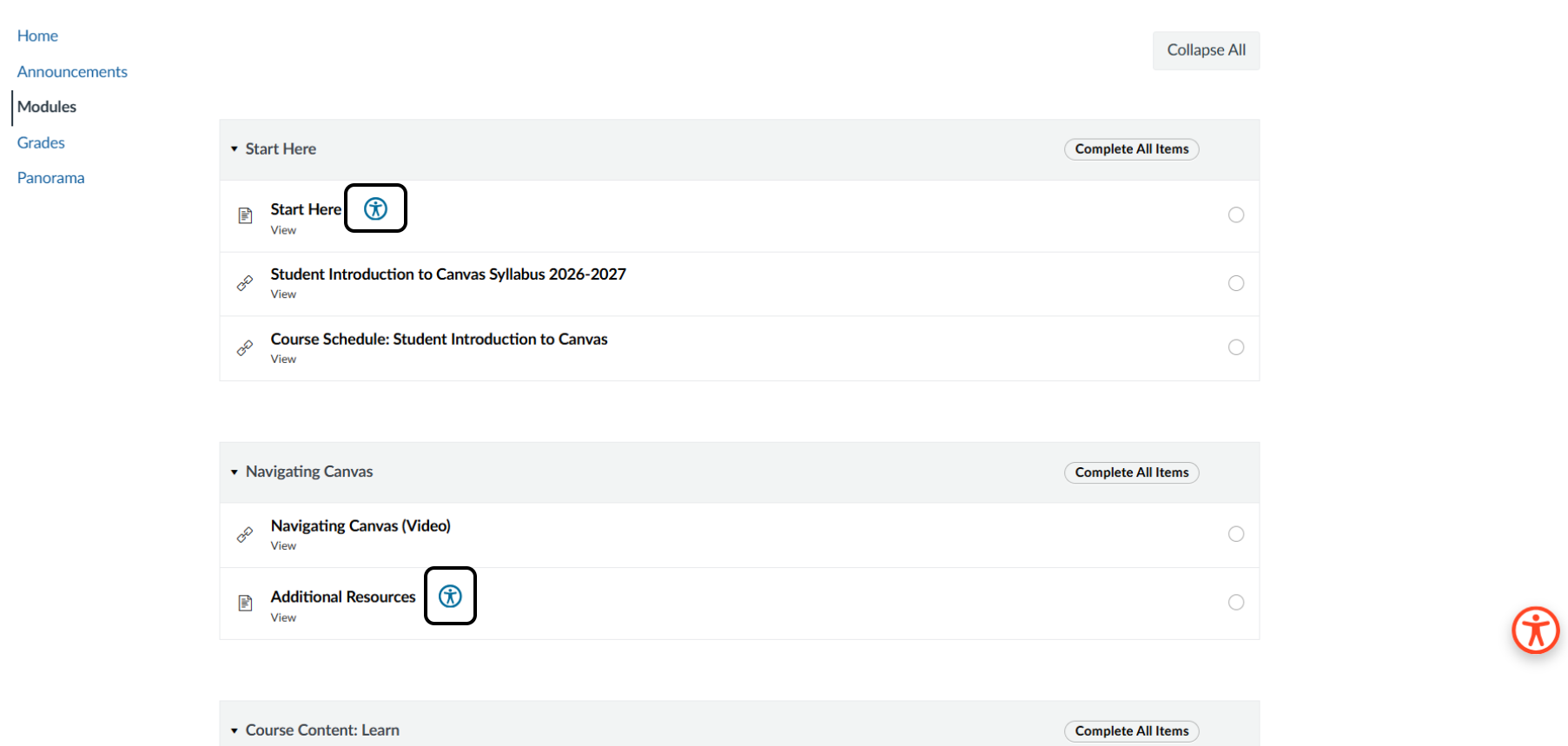 Canvas course with student view alternative formats icons highlighted