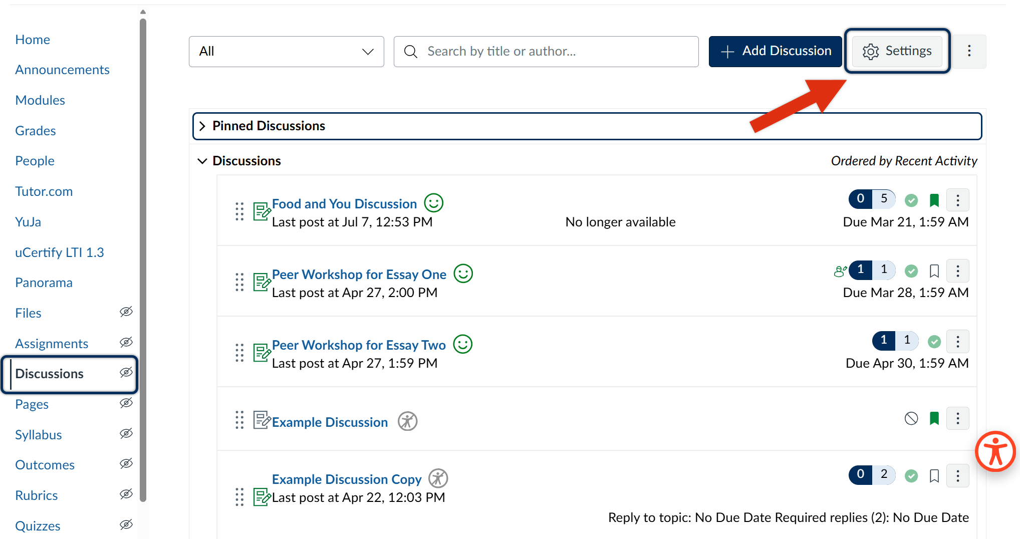 Canvas discussion tab open with settings selected