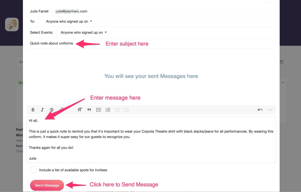 PlanHero Message Feature Subject and Message screen