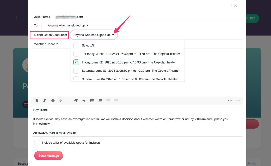 PlanHero Message Feature Anyone Who Has Signed Up screen