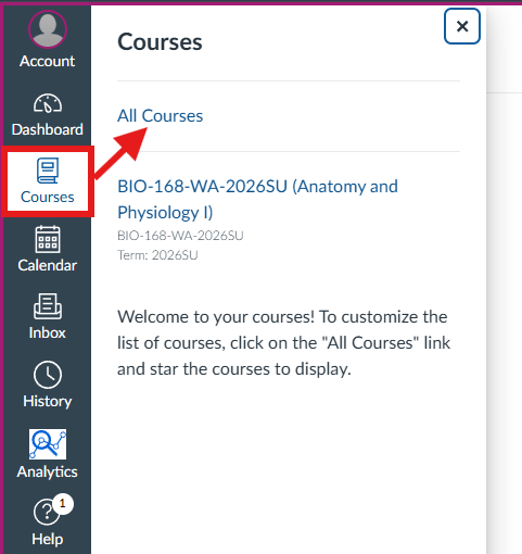 Screenshot of the Courses and All Courses links on Canvas in the left hand menu
