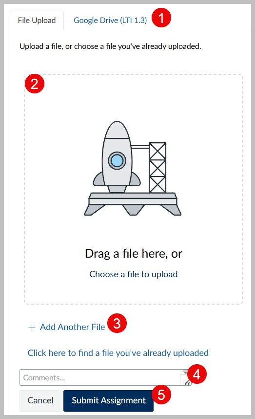 The upload section of the assignment with numbers that align with the text that follows the image.