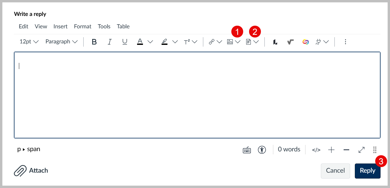 The reply box from a Canvas forum with numbers denoting the features described in the text following the image.