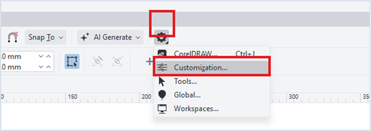 Title: Select Customization from the Options menu. - Description: CorelDRAW Options menu with the gear icon and Customization command highlighted in red.