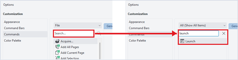 Title: Search for the Launch command. - Description: Two CorelDRAW Customization screenshots showing the search box and the Launch result highlighted in red, connected by a red arrow.