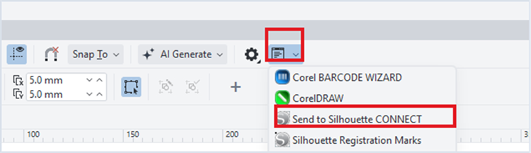 Title: Open the Launch menu and choose Send to Silhouette CONNECT. - Description: CorelDRAW Launch menu with the toolbar icon and Send to Silhouette CONNECT option highlighted in red.
