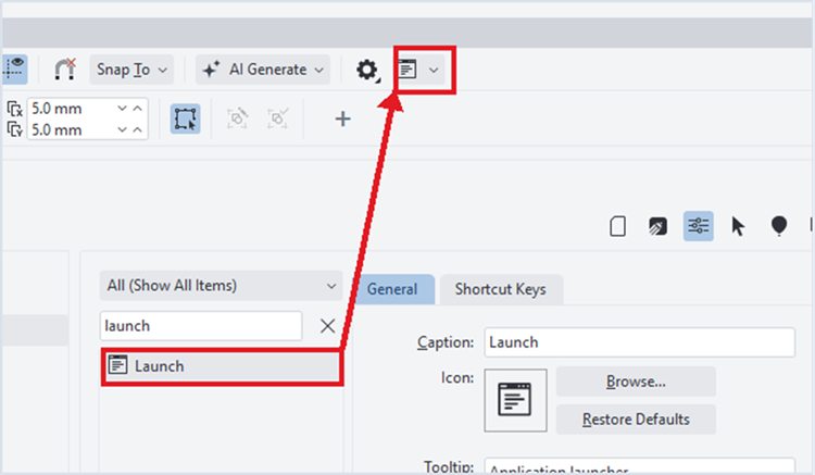 Title: Drag the Launch command to the top toolbar. - Description: CorelDRAW Customization window with the Launch command and toolbar destination highlighted in red and connected by a red arrow.
