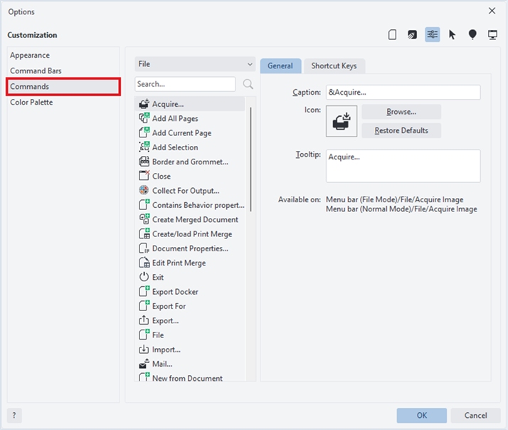 Title: Select Commands in the Customization window. - Description: CorelDRAW Customization window with Commands highlighted in red in the left navigation.