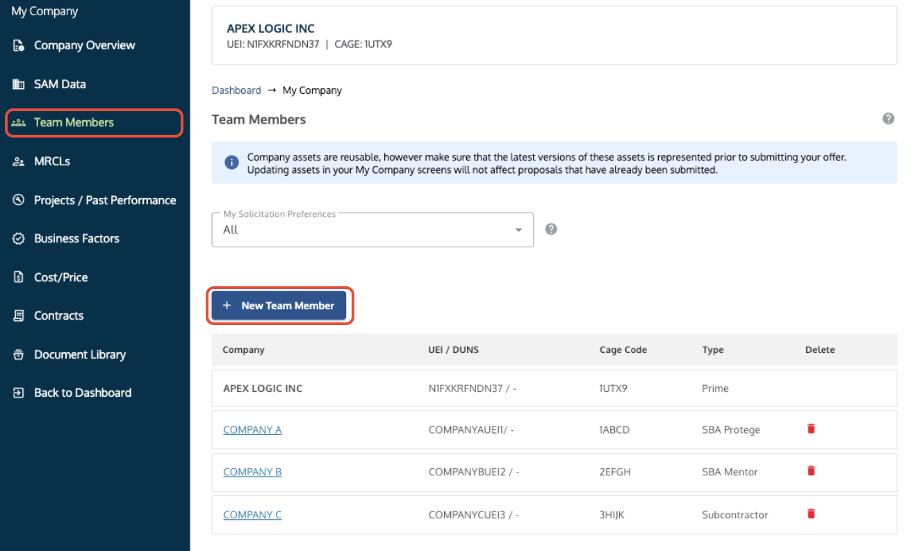 Team Member tab in My Company showing the +New Team Member button highlighted.