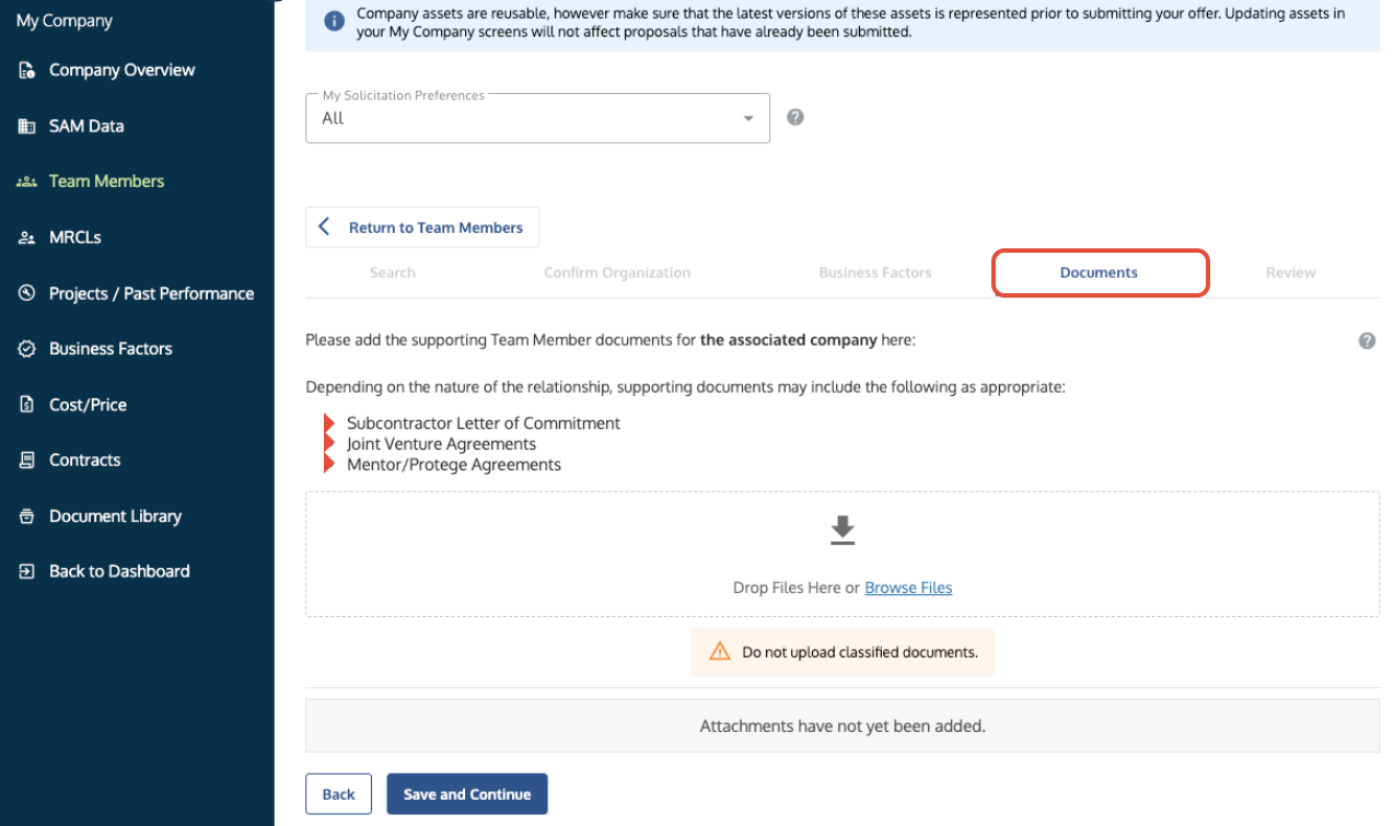 Team Member Documents tab showing the location for uploading Partner Agreement documentation.