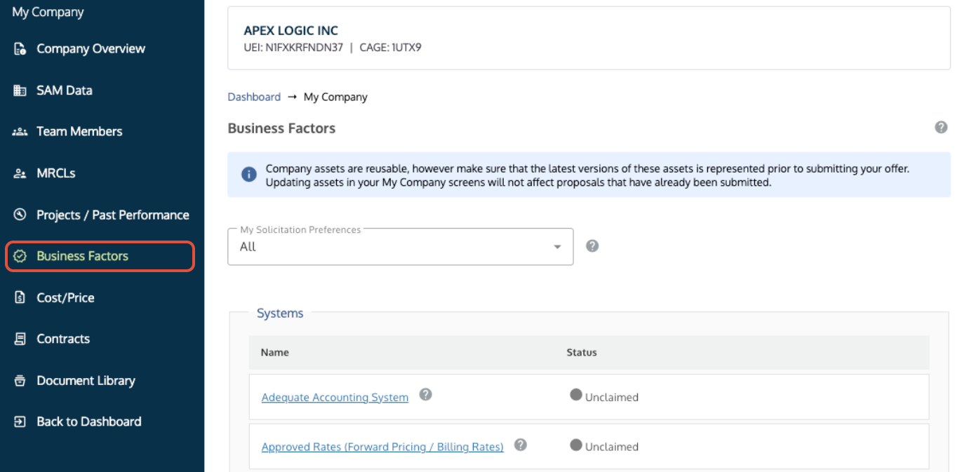 Business Factors tab where users select assets and click Save and Claim.