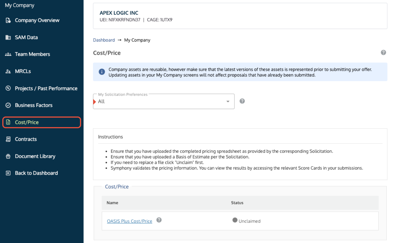 My Company screen where users select Cost/Price to upload pricing templates.