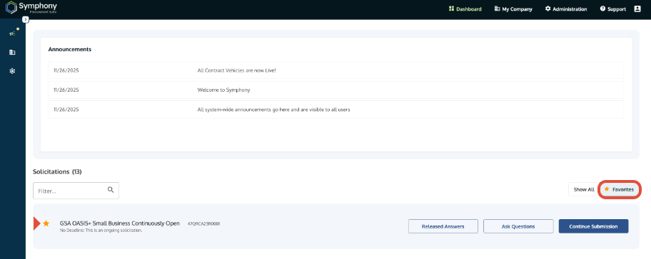 Symphony Dashboard highlighting the OASIS+ Favorites button for saved solicitations.