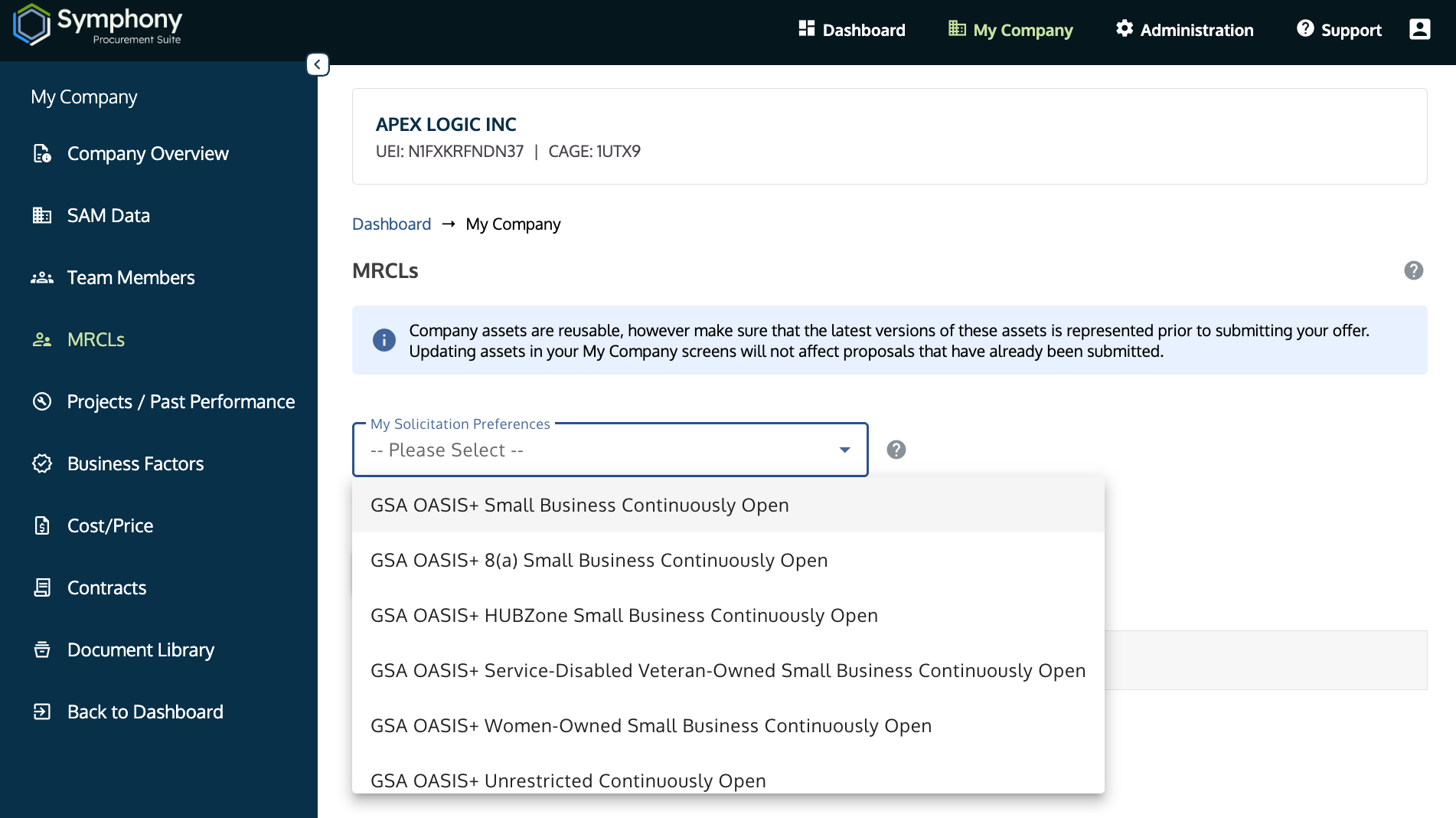 Meaningful Relationship Commitment Letters (MRCLs) in the My Company component showing all the OASIS+ Continuous Open Solicitations in the Preference dropdown menu.